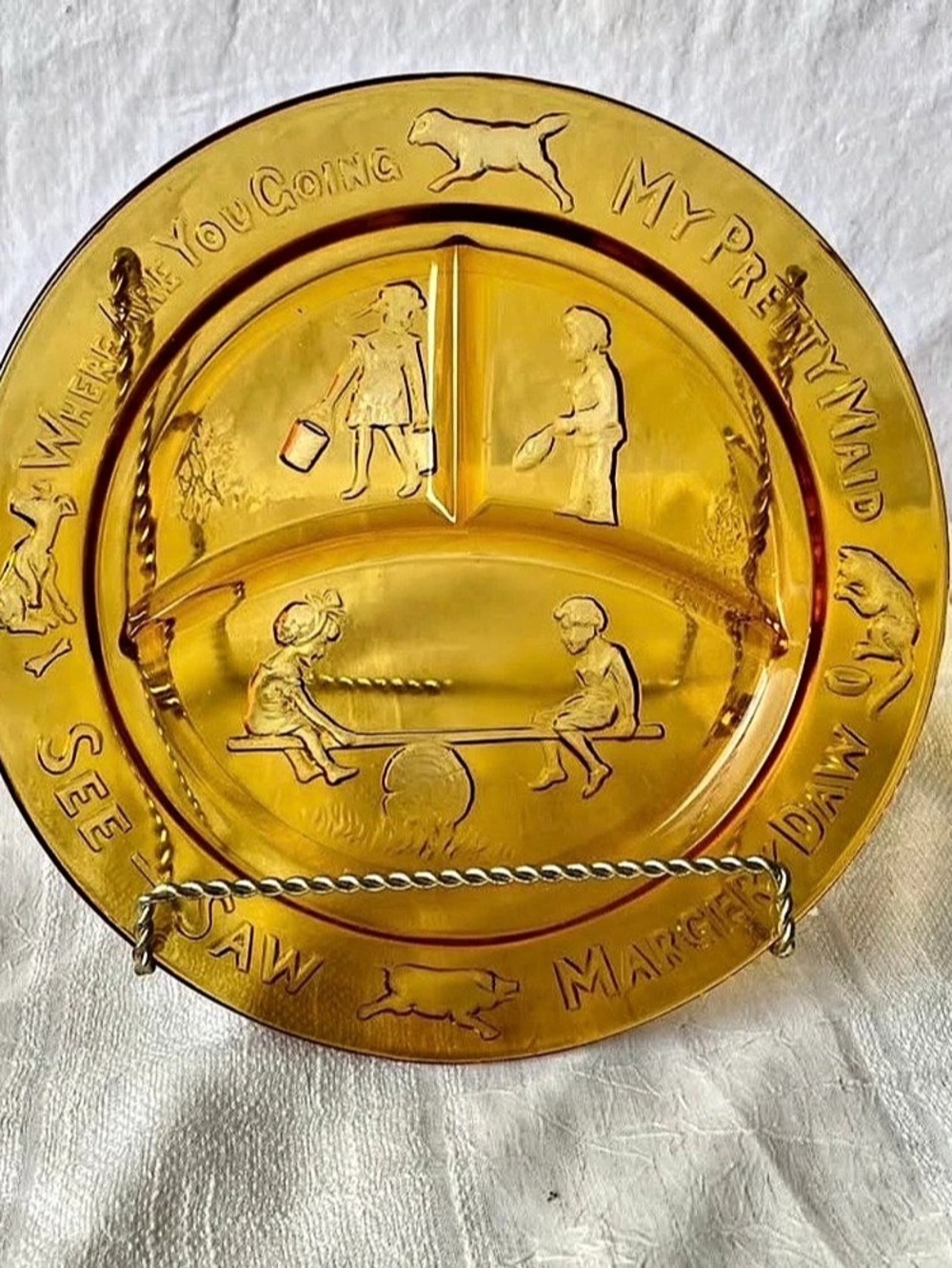 Vintage Amber Glass Child’s Divided Plate See Saw Margery Daw Nursery Rhyme